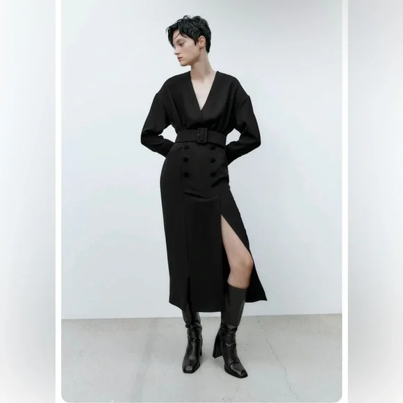 Zara Dresses Zara Wrap V-Neck Long Sleeve Belted Mid - Picture 4 of 10